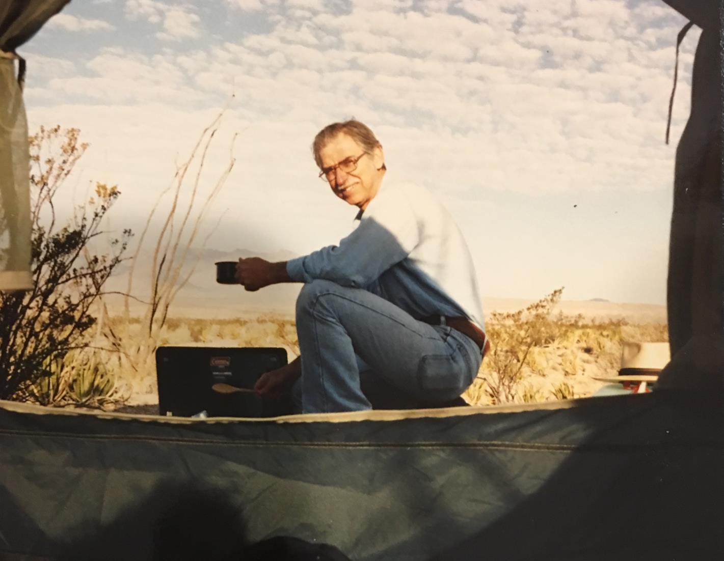 View from the tent, making morning coffee, Big Bend 1990