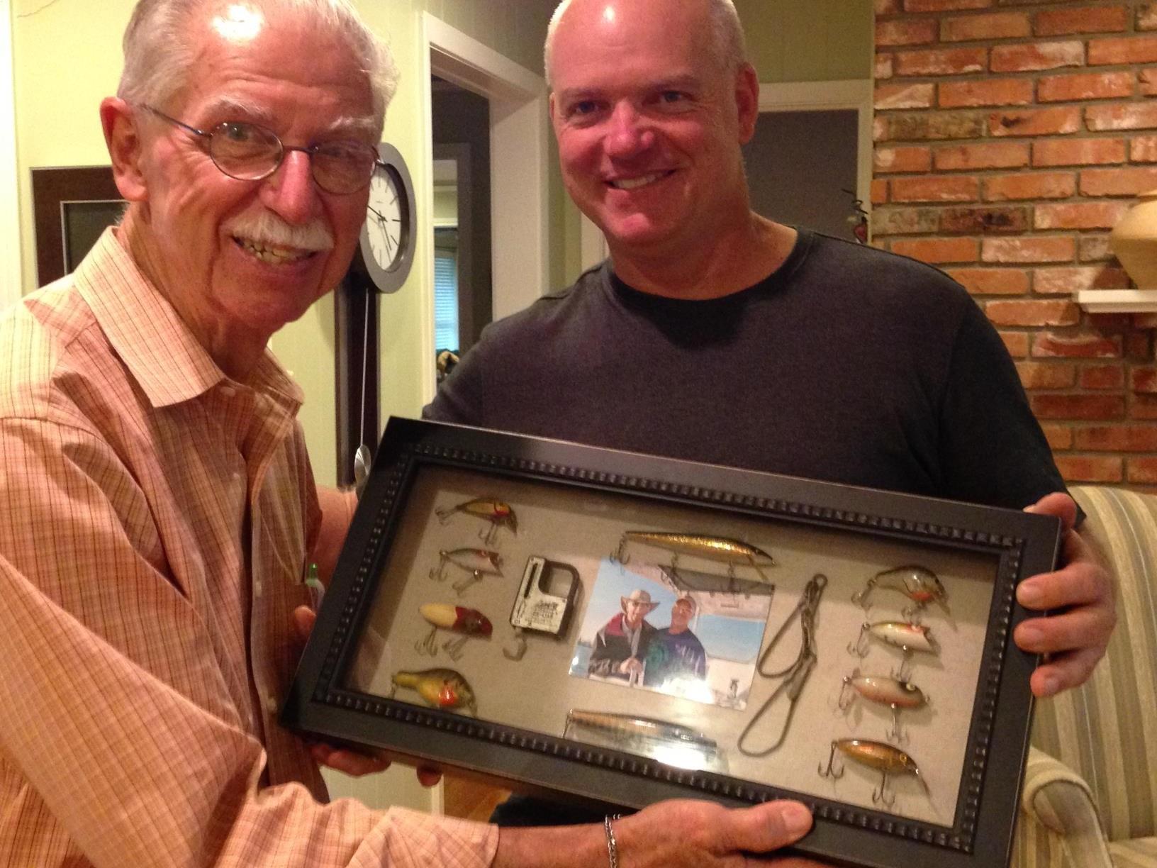 Son Doug created this shadow box using lures from Gene's and Joe Fox's, Marty's Dad's, tackle boxes.