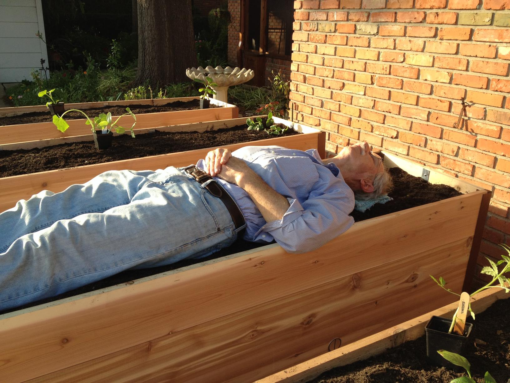After we built our raised vegetable beds in 2012, Gene thought it funny to pretend to nap in one.
