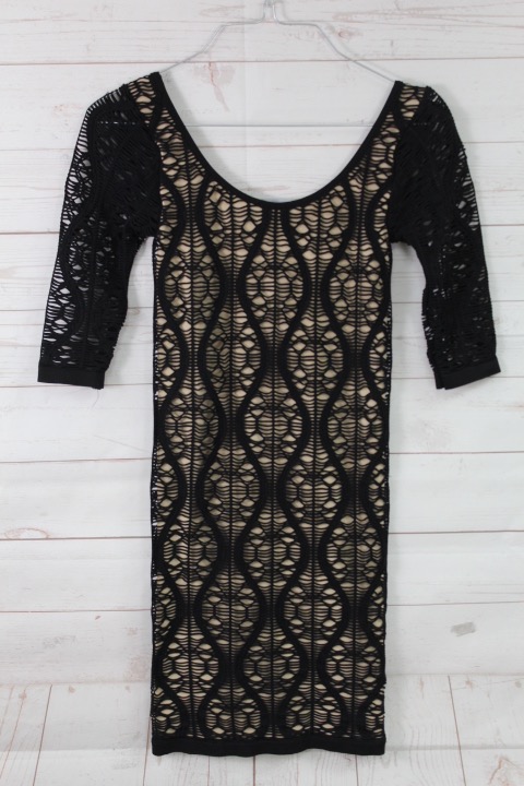 New Bebe Womens Crochet 3 4 Sleeve Sheer Bodycon Short Dress Black Beige S 68 Ebay