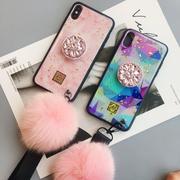 New Arrived Trendy Silicone Gel iPhone Glittering Phone Case With Pink Fur Ball And Holder And String