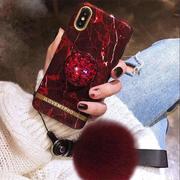 Retro Marble Pattern iPhone Case With Fur Ball And Phone Holder