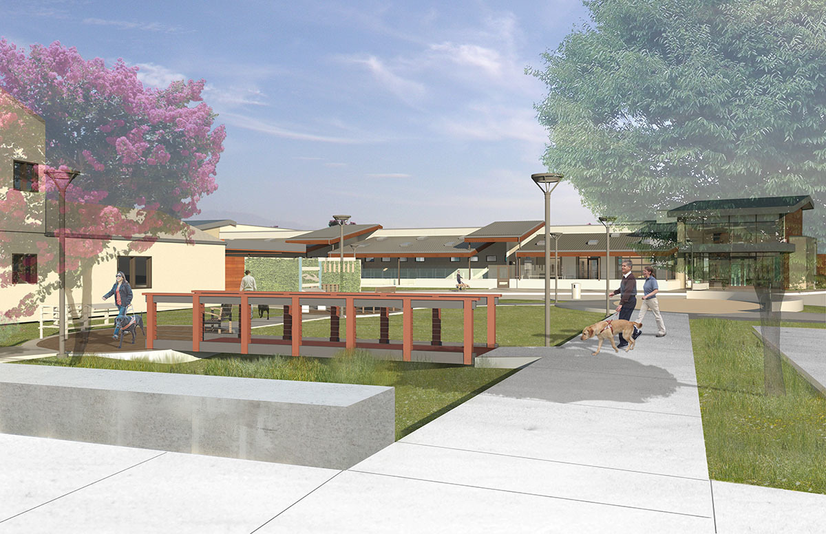 An architect's rendering of the Puppy Center's courtyard plaza. An architect's rendering of the Puppy Center's courtyard plaza.