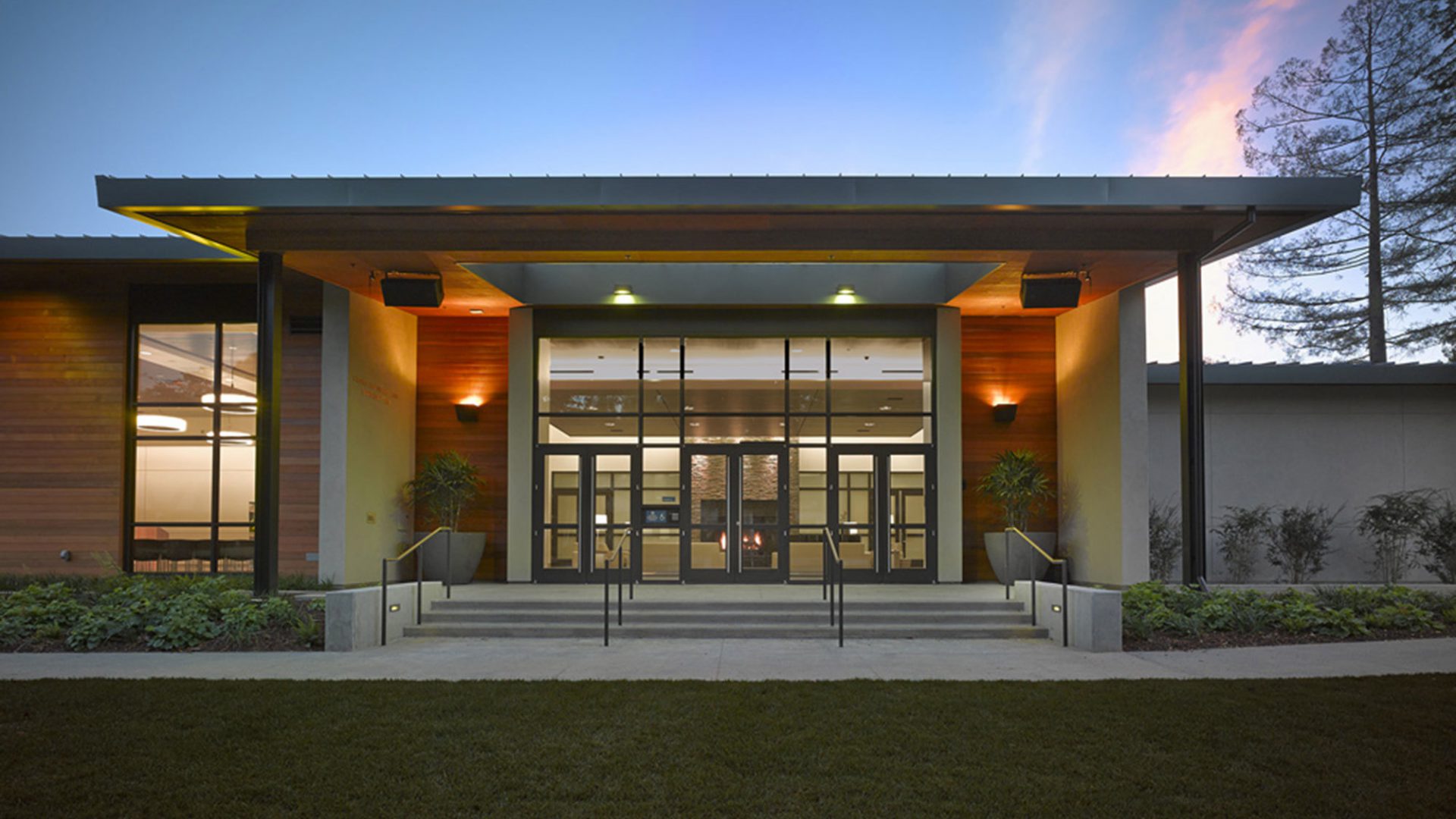 Image of the front of the Student Residence building (with wood paneling) on the San Rafael, CA campus