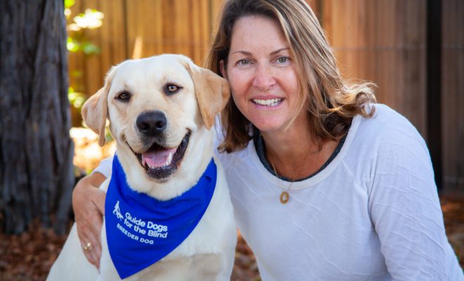 A happy woman sitting next to a smiling yellow Lab GDB breeder dog.