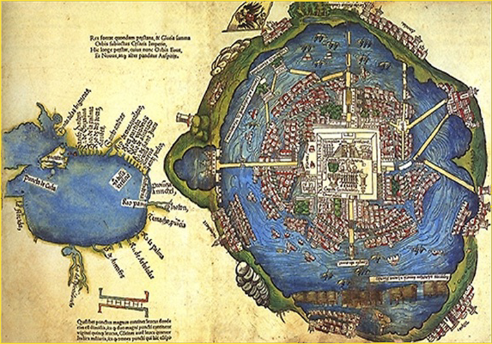 1524 Nuremberg Map of Tenochtitlan published with Cortés letters to the Spanish king. This was Europeans first vision of a well established and organized Aztec capital.