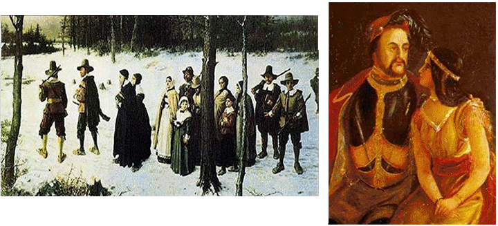 Pilgrims Going to Church, George Henry Boughton, 1867, and The Wedding of John Rolfe and Pocahontas, Unknown Artist, c 1850.