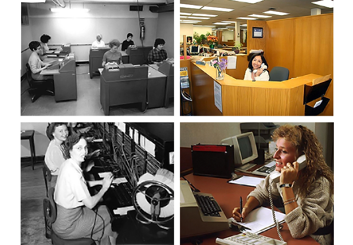 Four images showing females at different jobs, IBM keypunch machine operators, receptionist, and telephone operators.