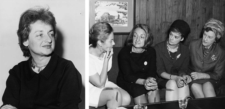 Two images of Betty Friedan and with members of the National Organization of Women leaders.