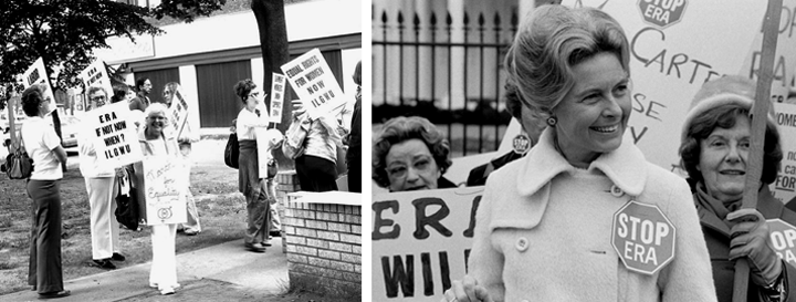 Two images of a Rally for Equal Rights Amendment and of Phyllis Schlafly during a demonstration against ERA.