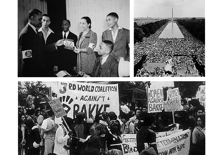 Three images of the members of the V at home campaign, March on Washington for jobs and freedom, and an Anti-Bakke protest in 1977.