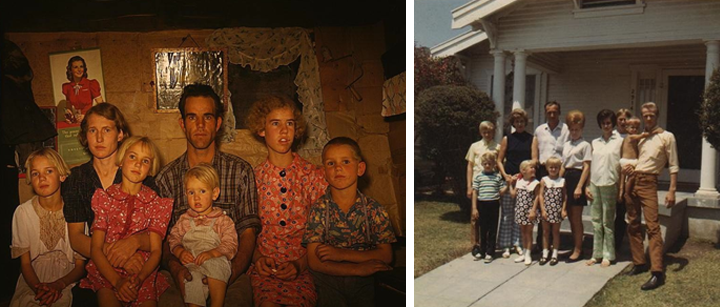 Two photographs of the Whinery family in Pie Town, NM, 1940 and the Flam family in San Diego, CA, 1970.