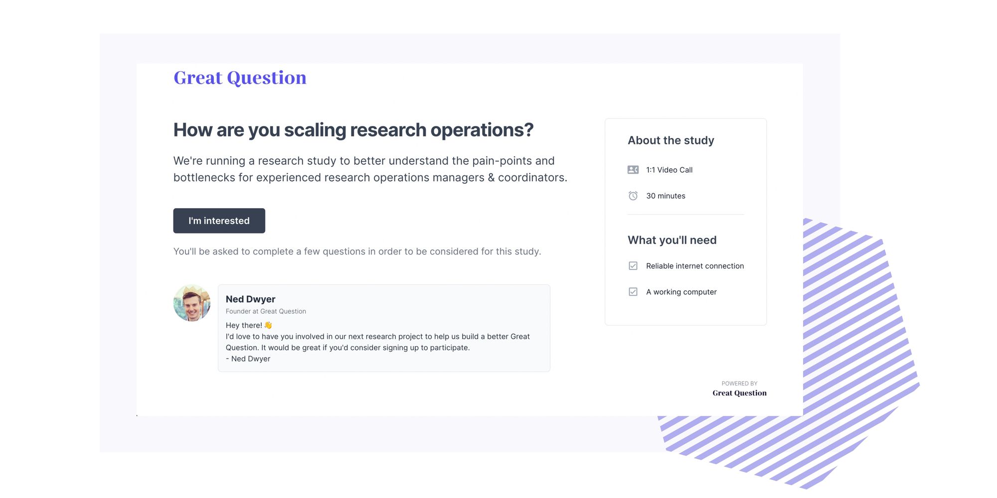 Great Question research recruitment landing page template