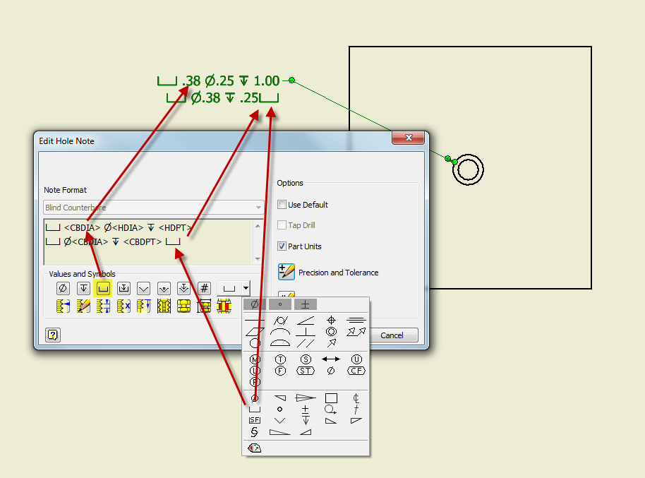 Inventor Counterbore symbol in IDW and its giving text not symbol