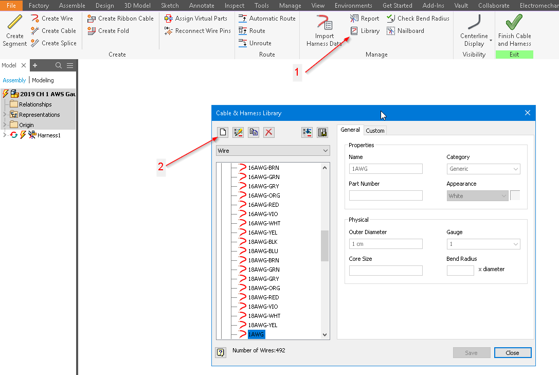 How to create a new Cable and Harness wire gauge in Inventor? Search