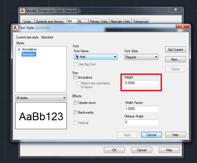 How to change the text height of a dimension or leader in AutoCAD