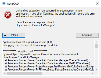 Error Just In Time (JIT) al agregar servicios en AutoCAD Plant 3D