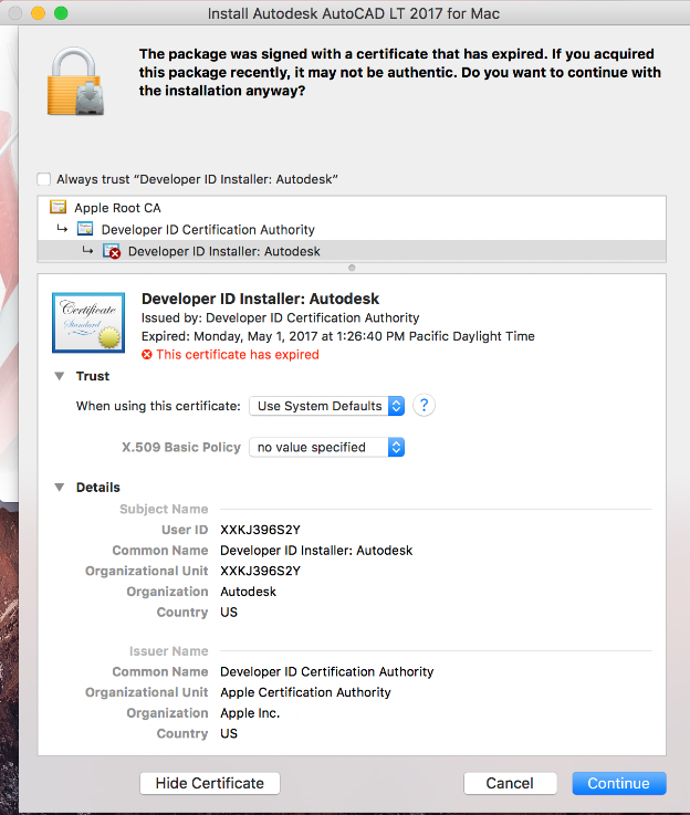 AutoCAD LT For Mac Install Error This Certificate Has Expired Search Autodesk Knowledge 