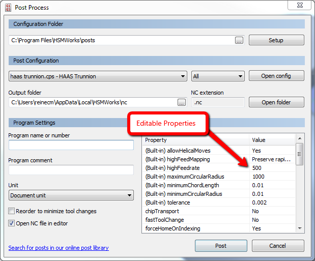 How to edit post processor properties in HSM, HSMWorks and Fusion 360