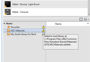 Yellow triangle in Materials Browser showing 'Library failed to load' in Revit