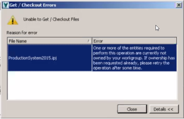 取得 チェックアウトエラー ファイルを取得できません エラー この操作を実行するのに必要なエンティティの1つまたは複数が現在 ワークグループによって所有されていません Vault 製品 Autodesk Knowledge Network