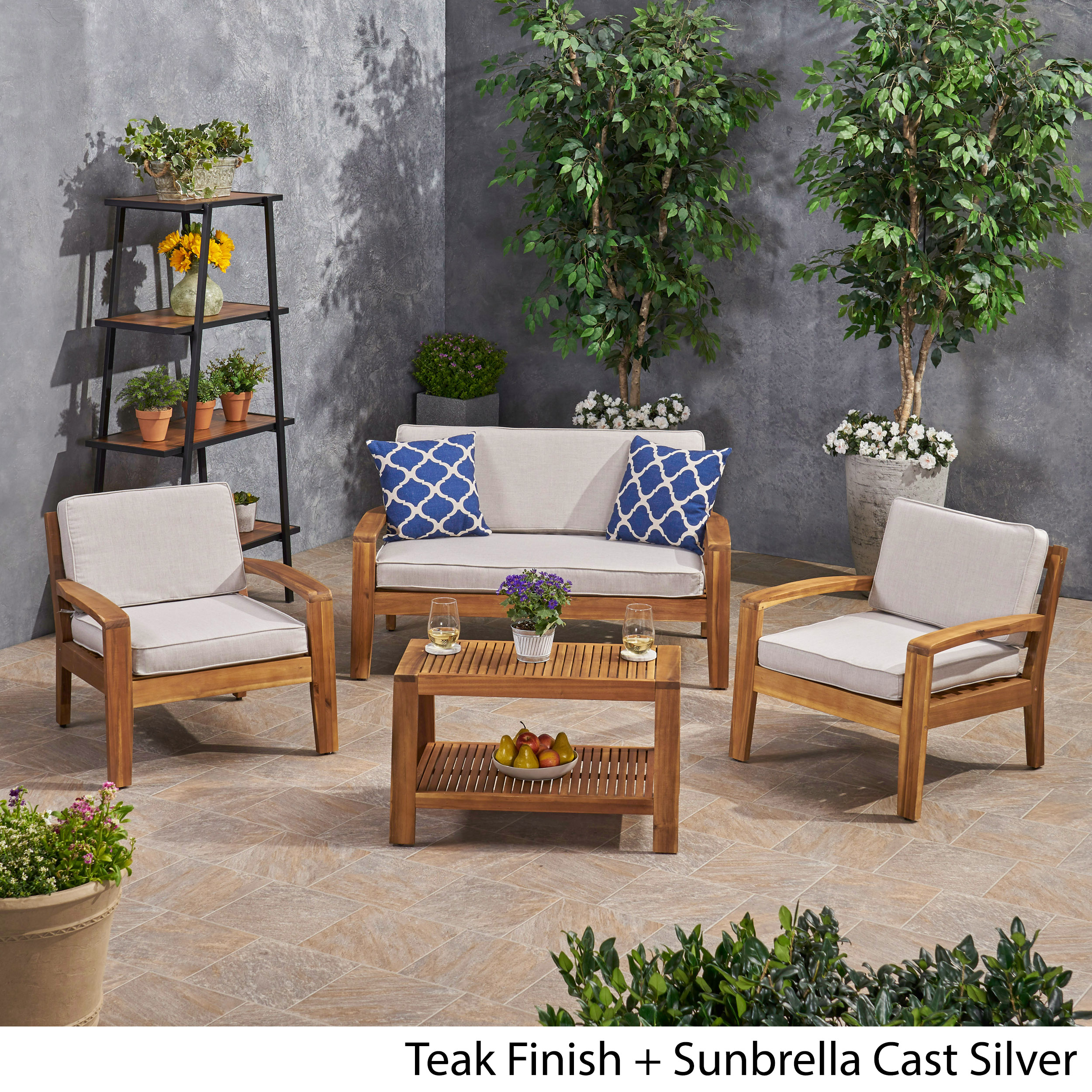 Parma Patio Acacia Wood 4 Seater Conversation Set With Coffee Table And Sunbrell Ebay