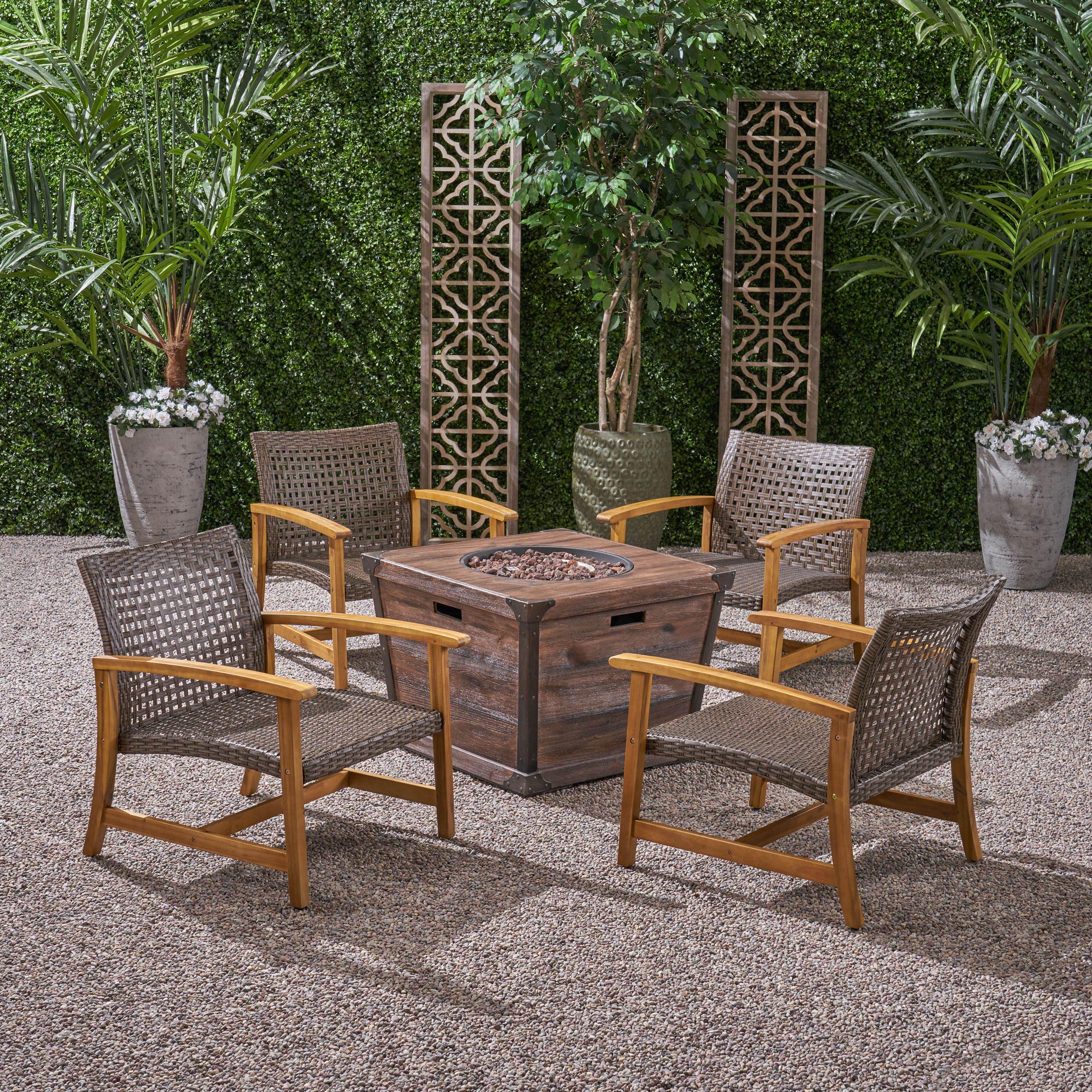Levant Outdoor 4 Piece Wood And Wicker Club Chair Set With Fire