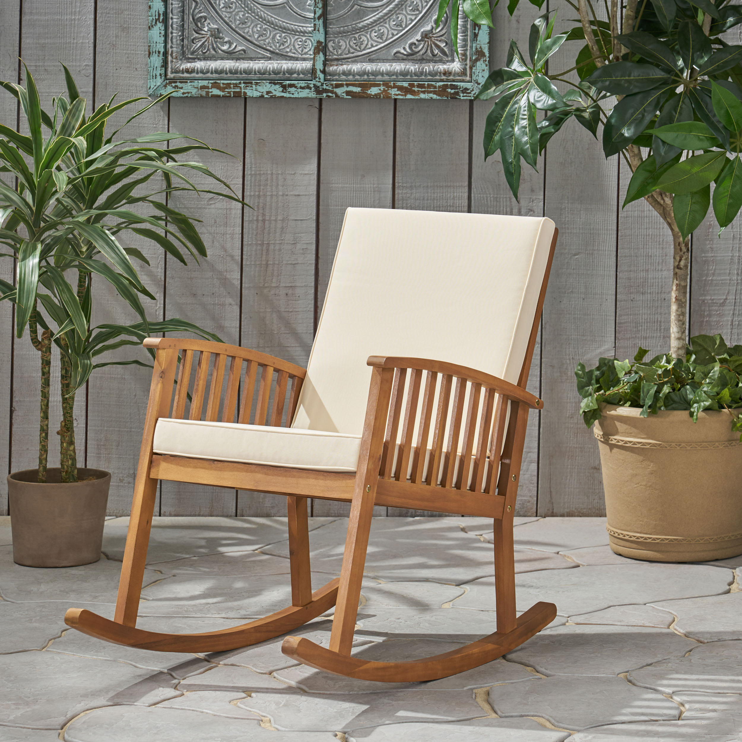 Northlight 43 Acacia Wood Outdoor Patio Rocking Chair For Sale