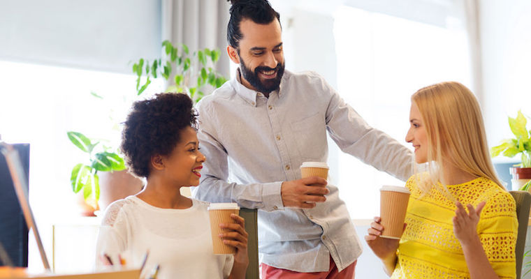 product managers in a startup office environment drinking coffee