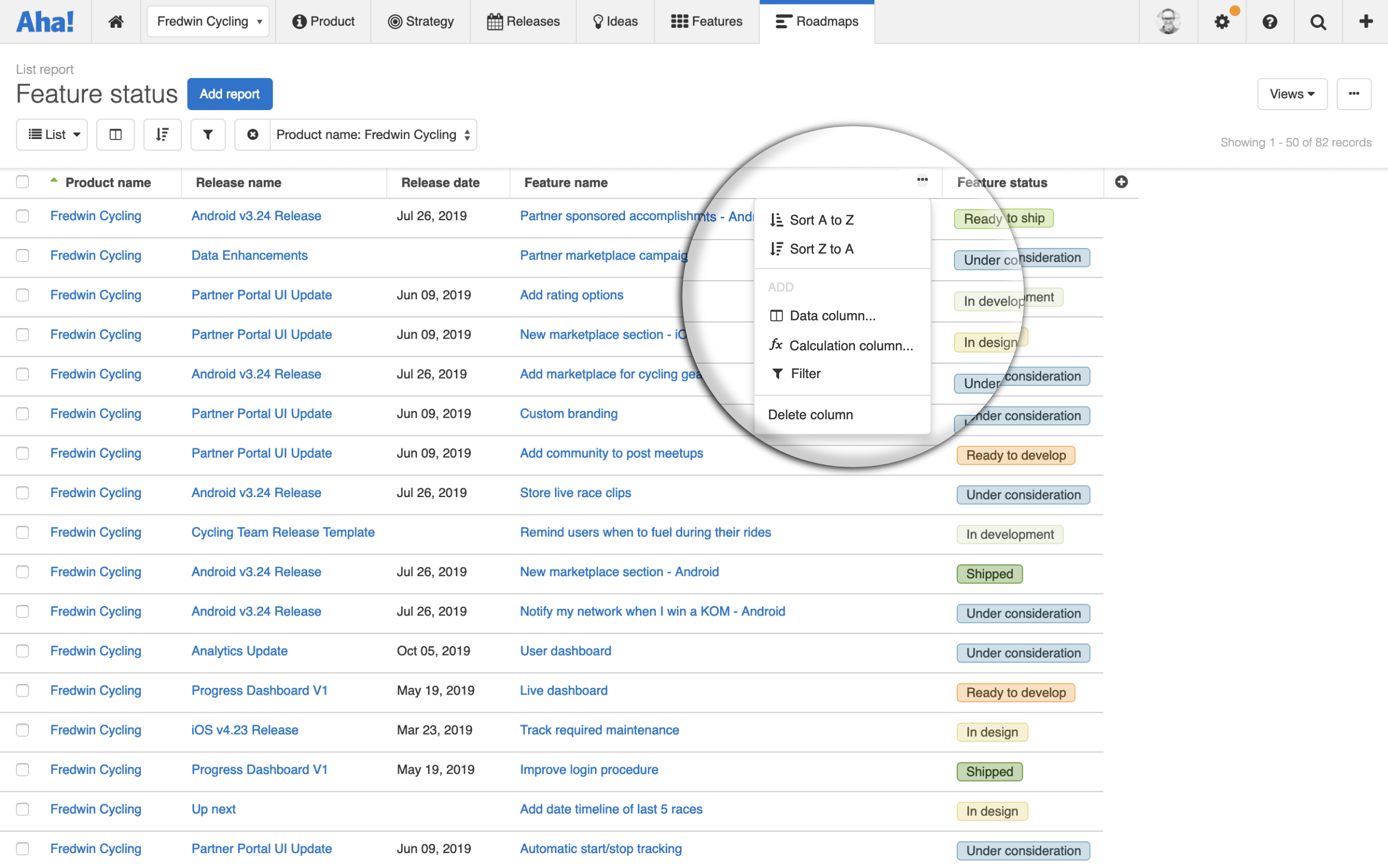 List report highlighting the new more options button on column headers