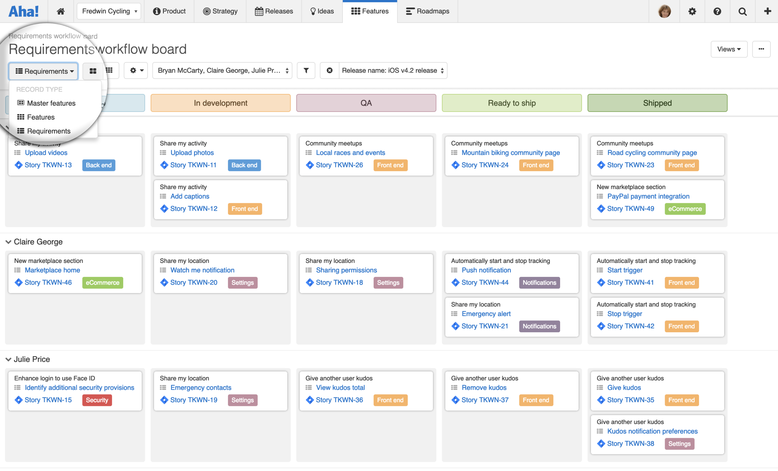 Workflow board dropdown menu in Aha!