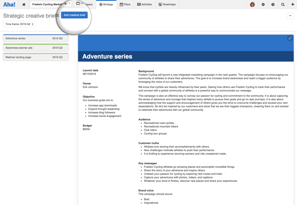 Creative brief template in Aha!