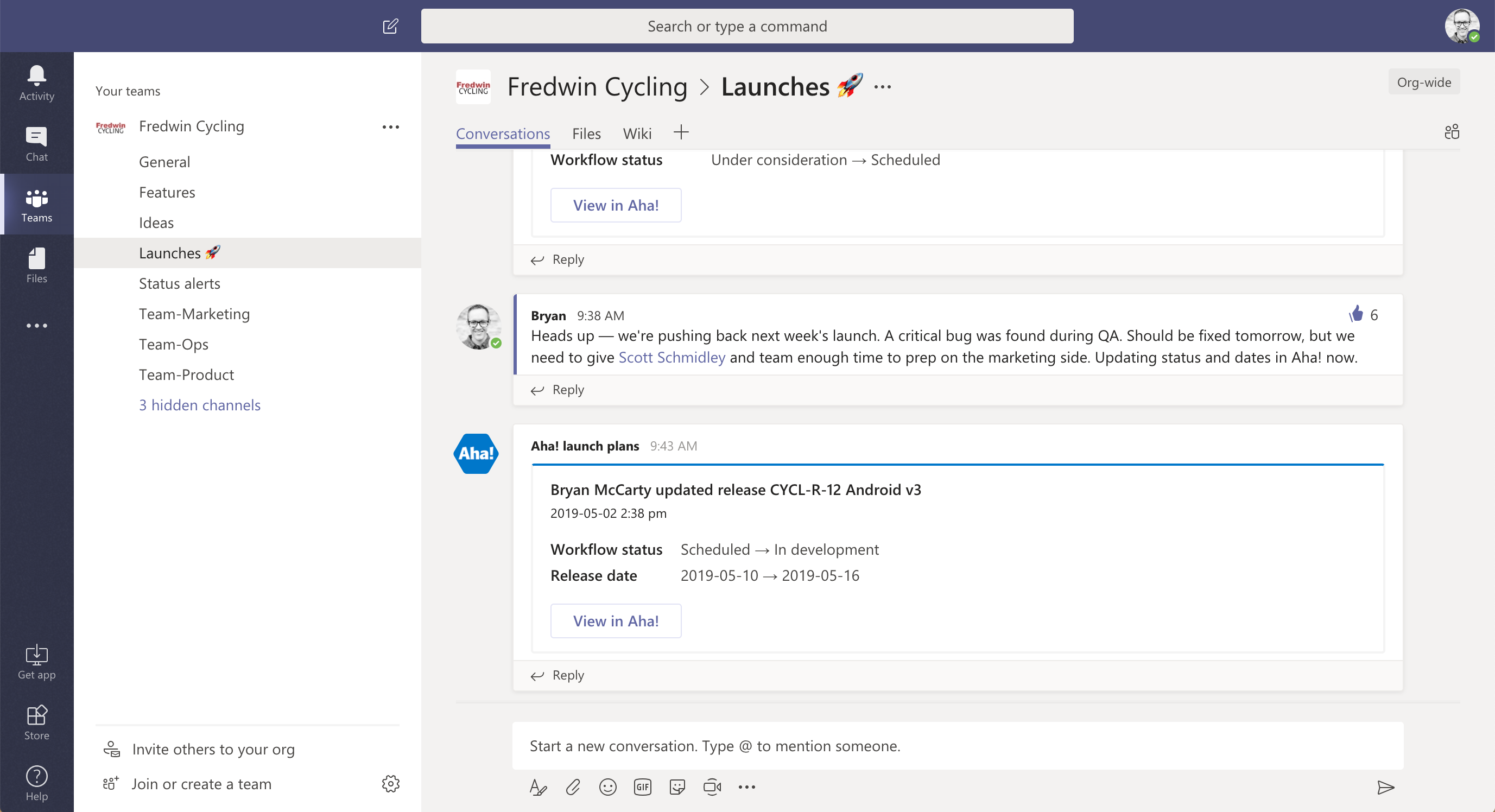 Launches channel in Microsoft Teams