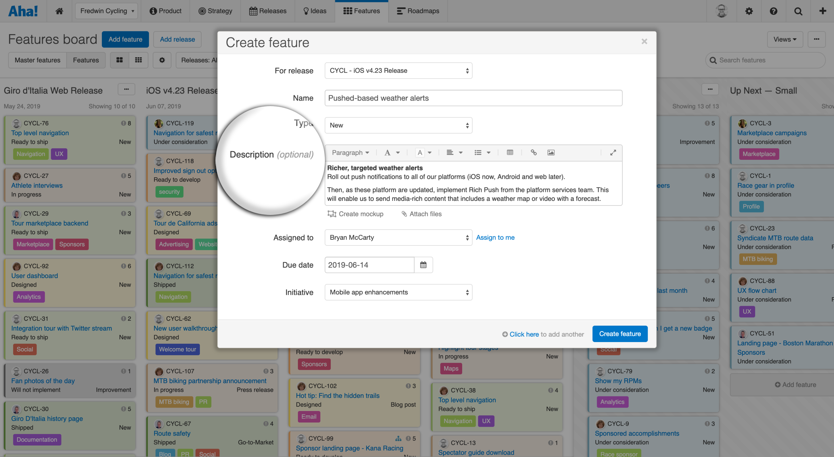 Adding new feature in Aha! showing required and optional fields