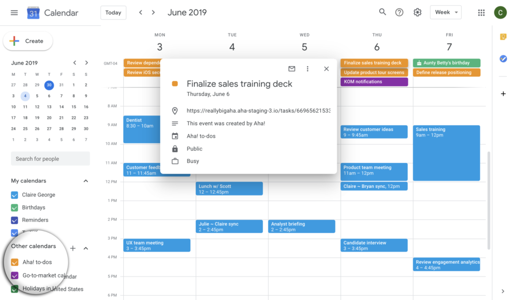 Aha! to-dos and key dates in Google Calendar