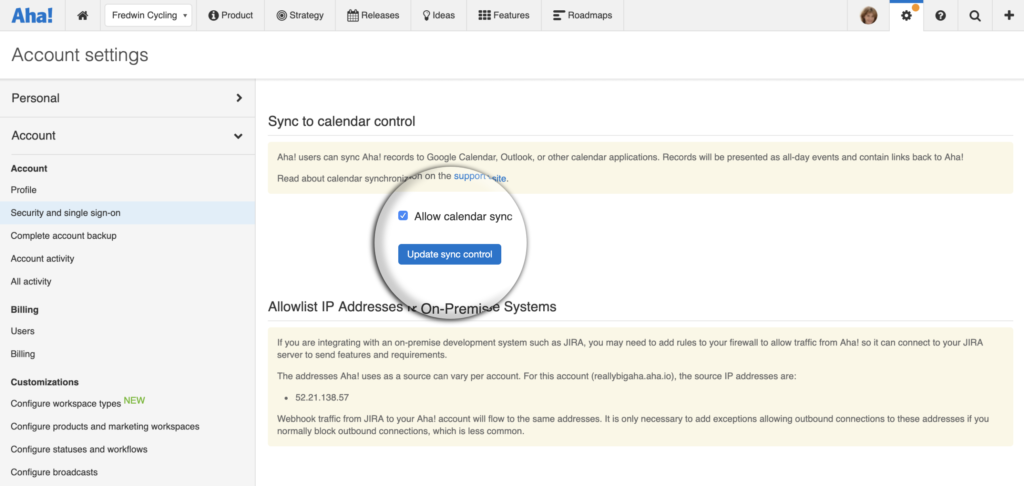 Allow sync to calendar option in Aha! account settings