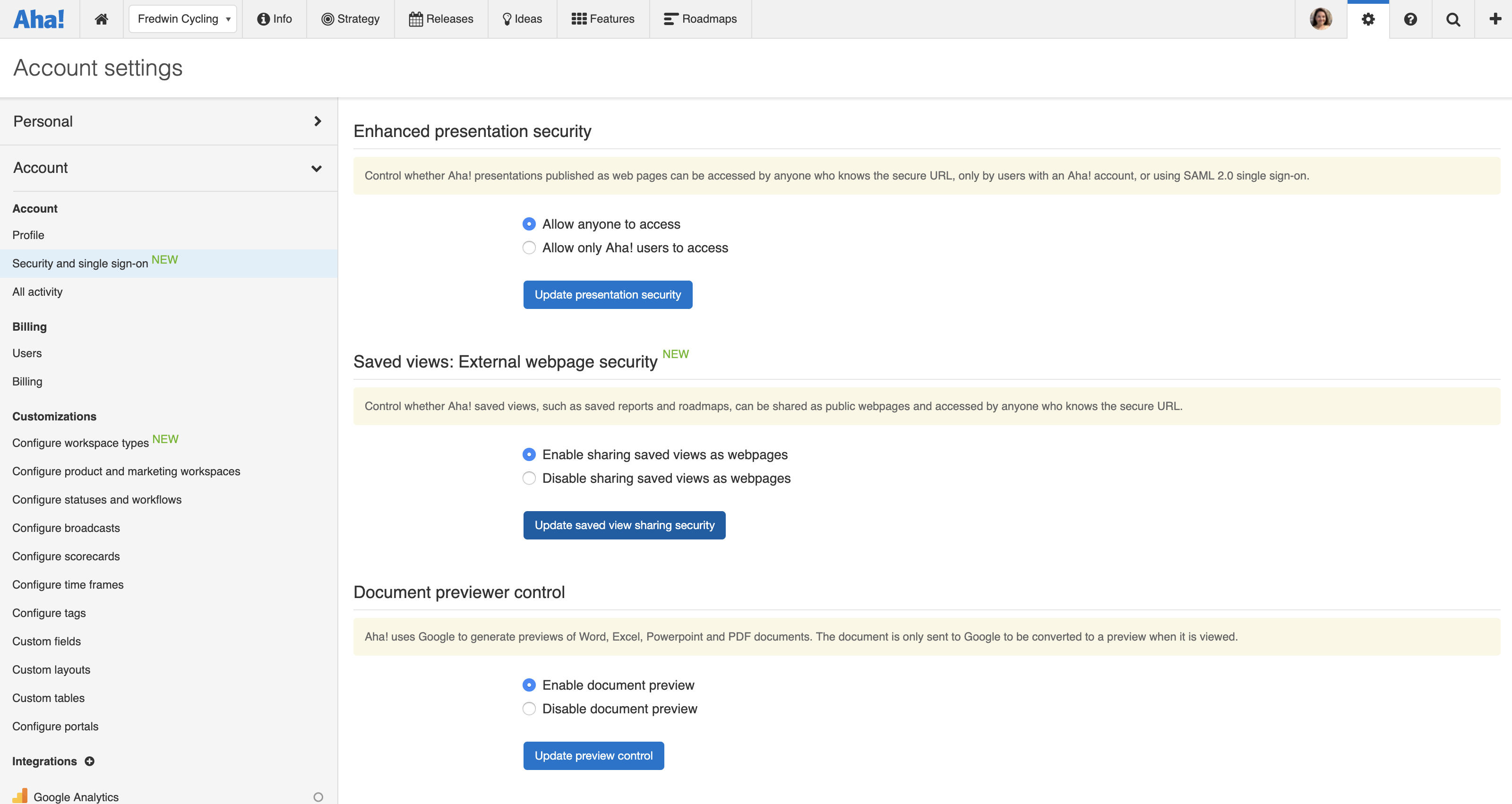 Enable sharing saved views as webpage from your account settings page