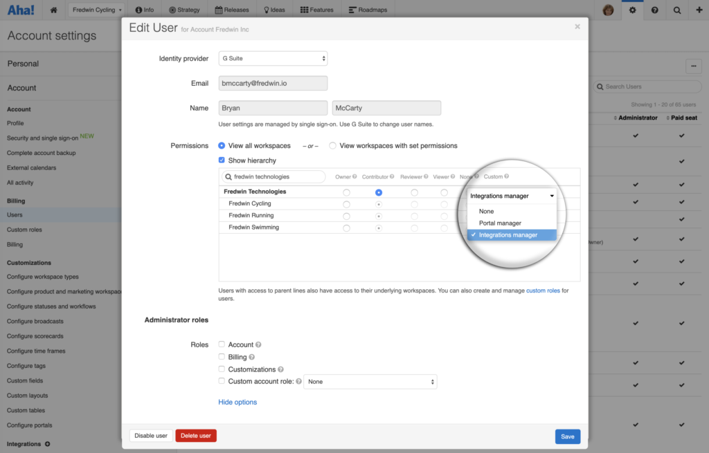 User permissions page in Aha!