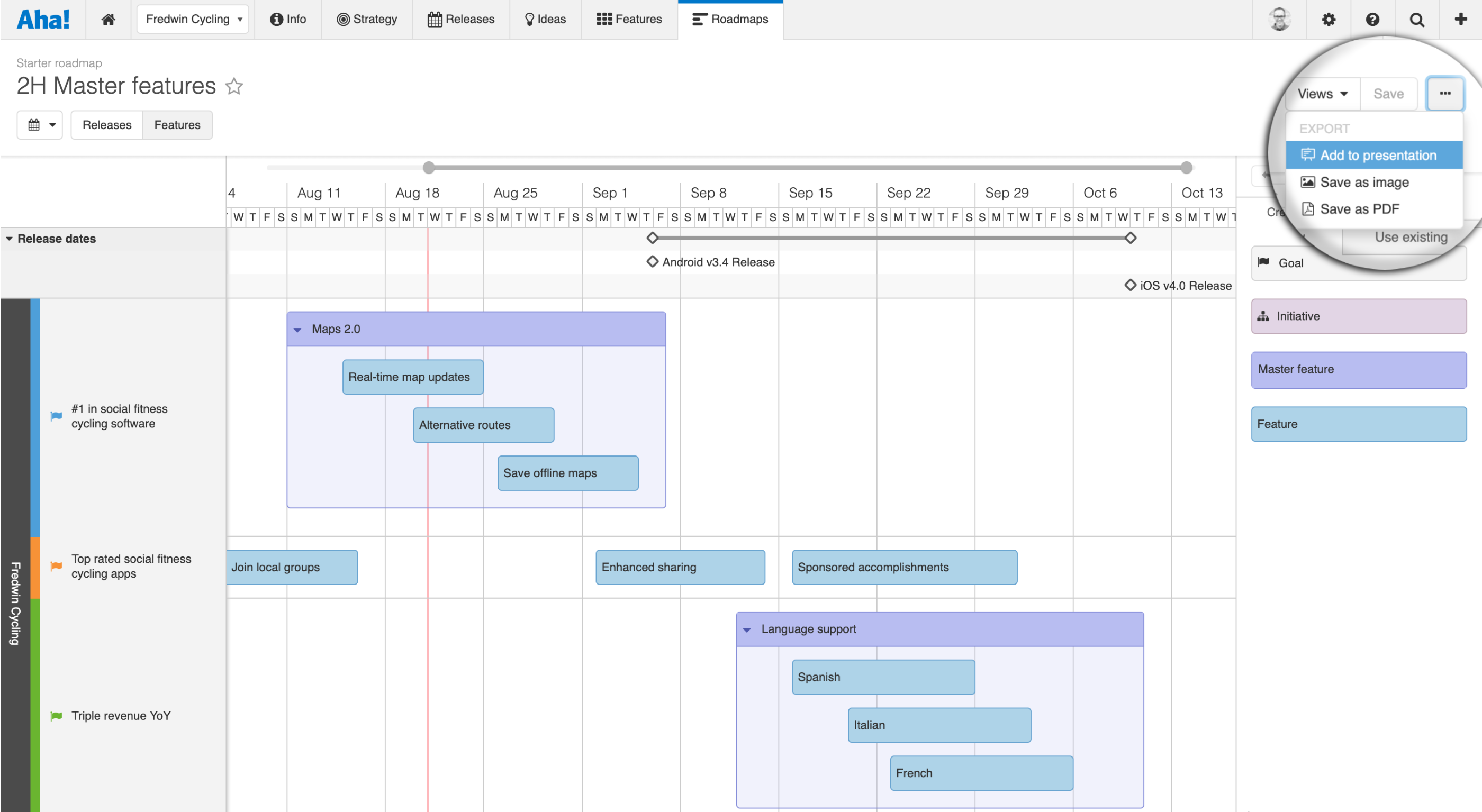 Export menu with options to add roadmap to a presentation