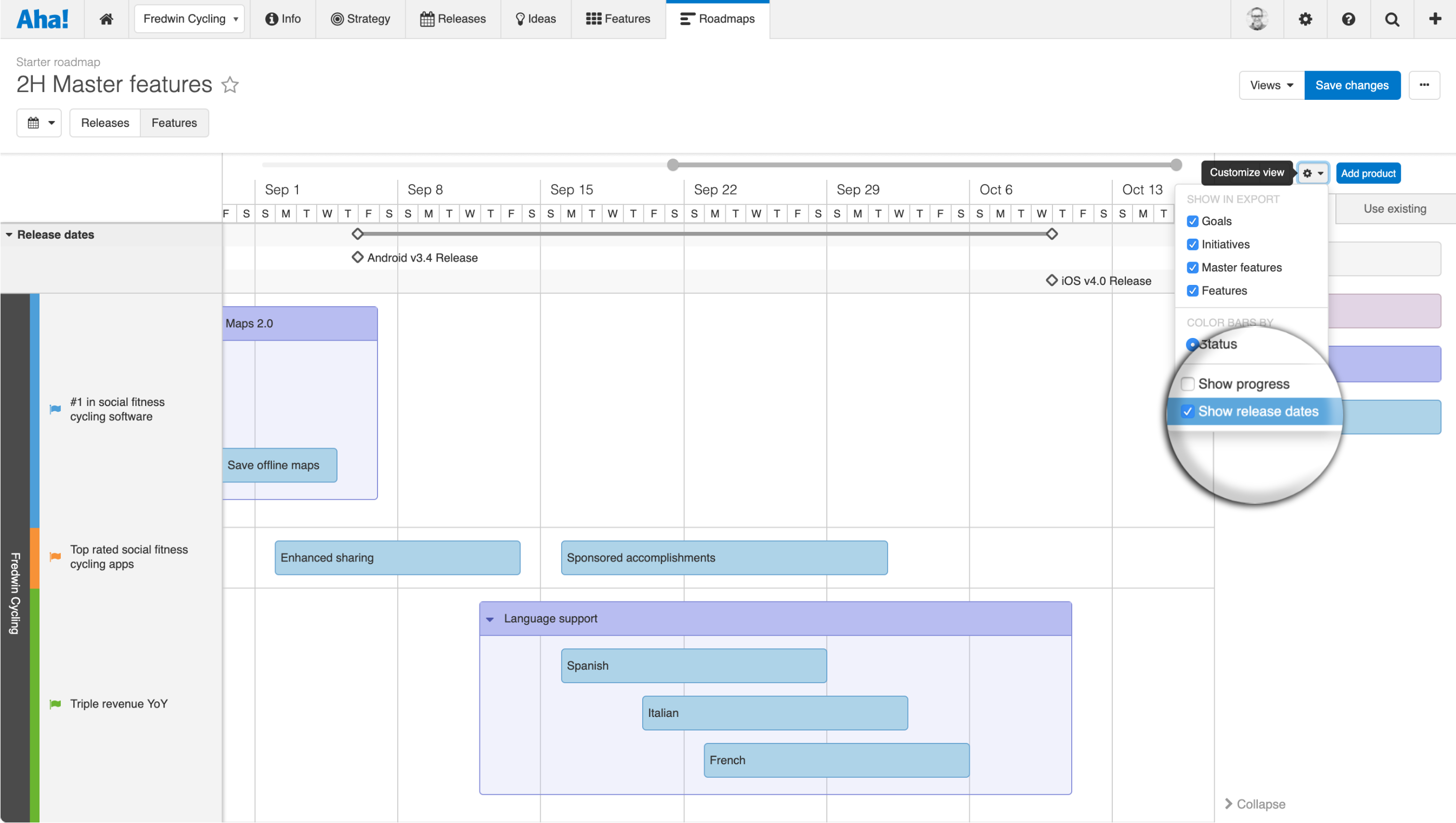 Customize view options highlighting the ability to show or hide release dates on your starter roadmap