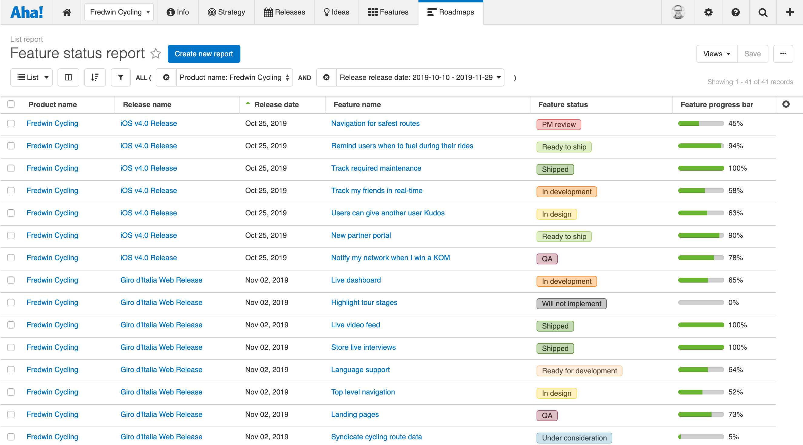 List report in Aha! showing feature progress bar as one of the columns