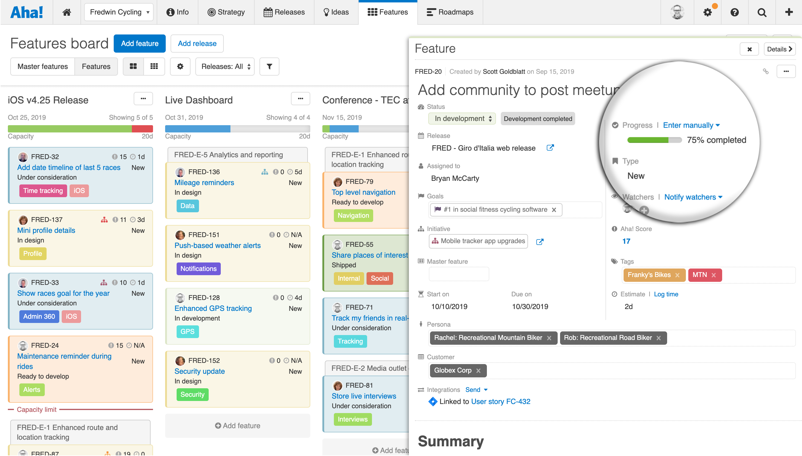 Percent complete displayed in Aha! coming from Jira integration