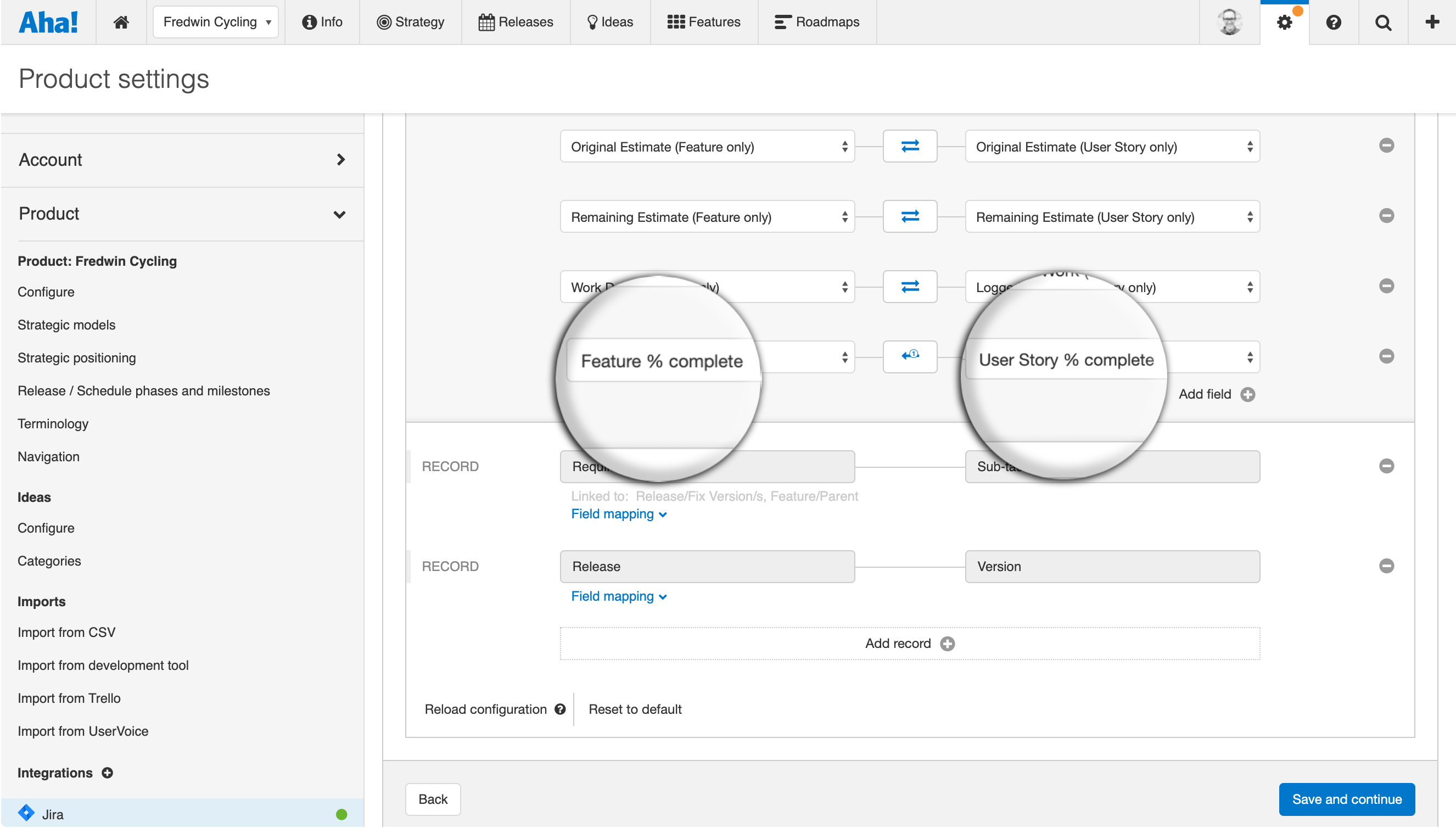 Integration setup to map Jira user story percent complete with Aha!