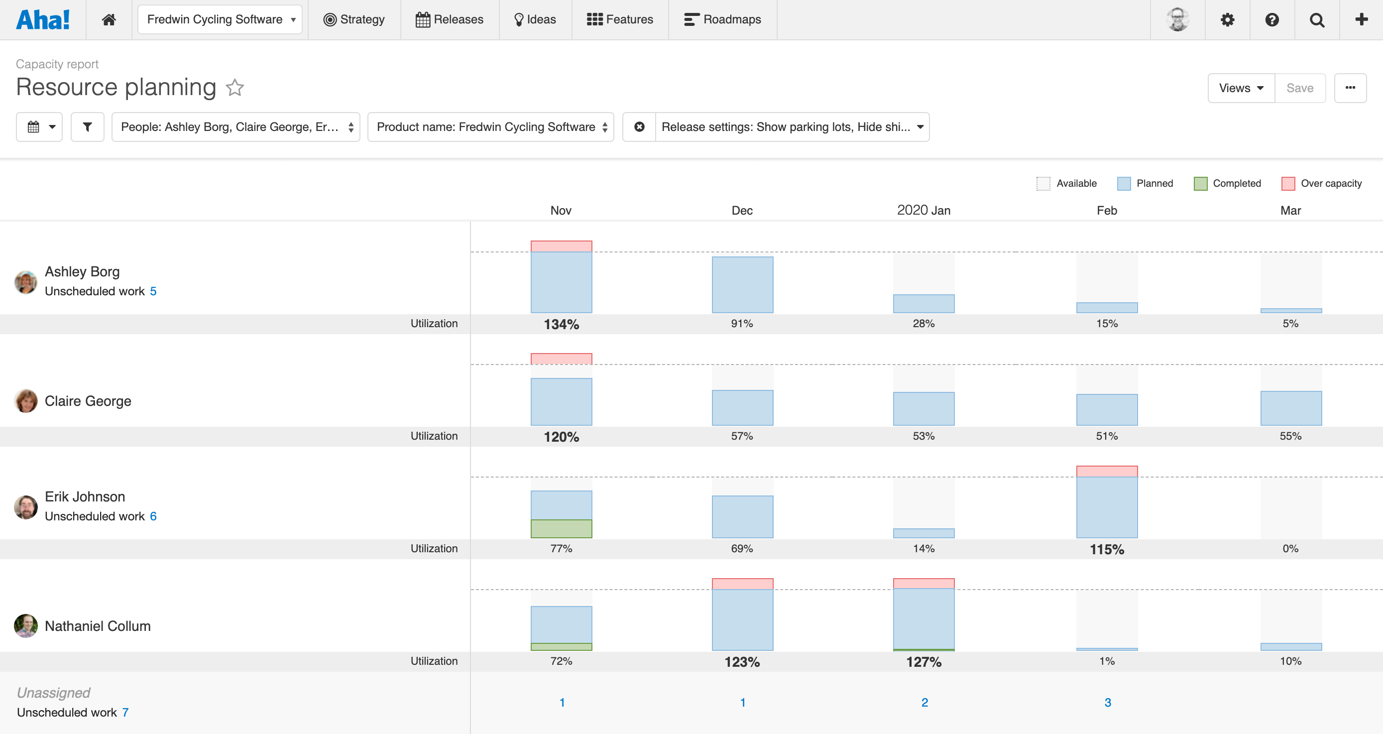 Capacity report showing selected teammates and specific months