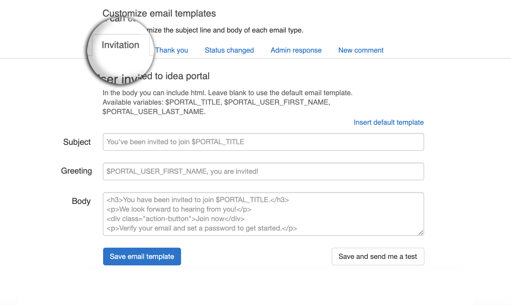 Customize portal invitation email templates