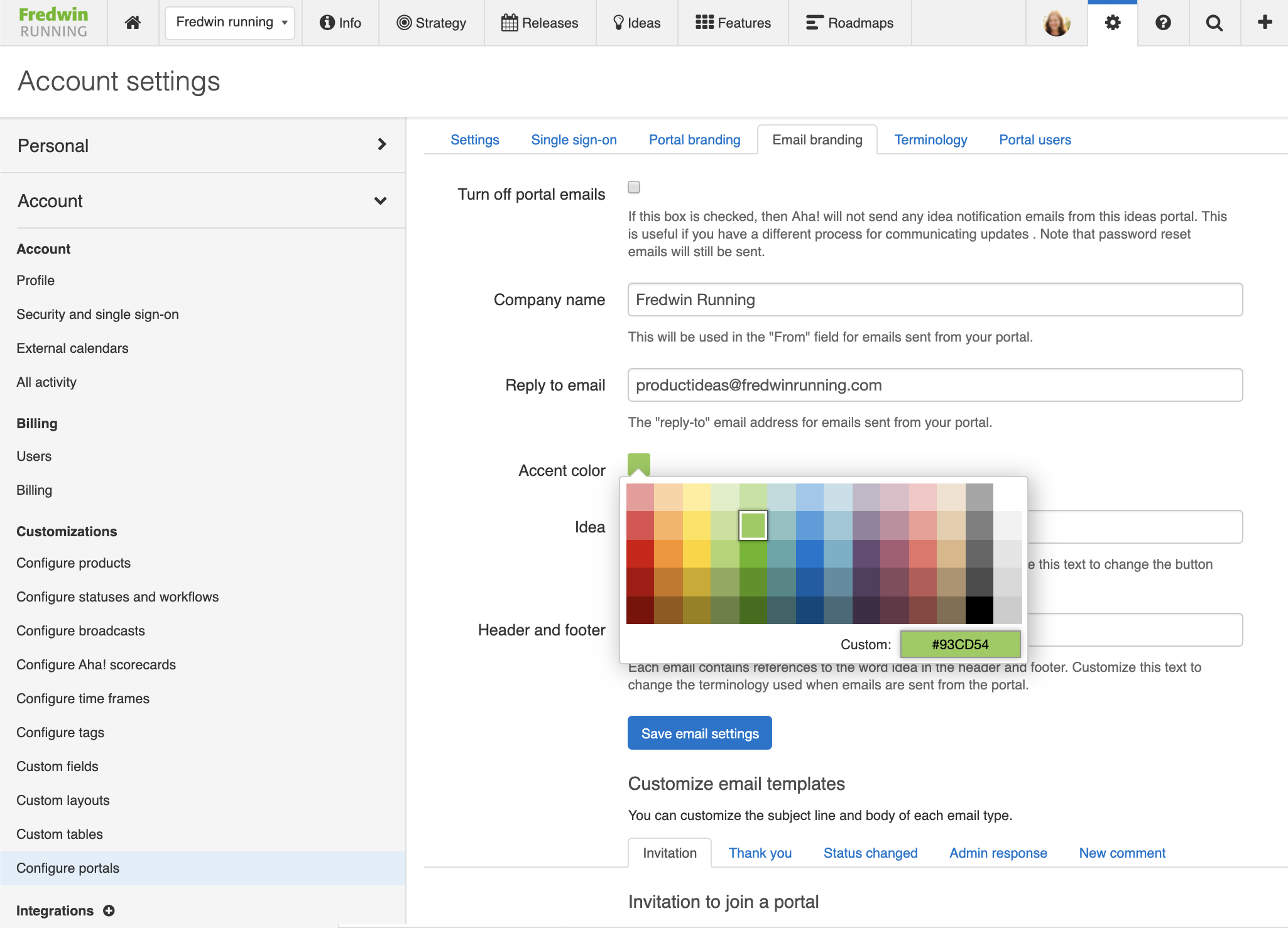 Ideas portal invite email branding with accent color options