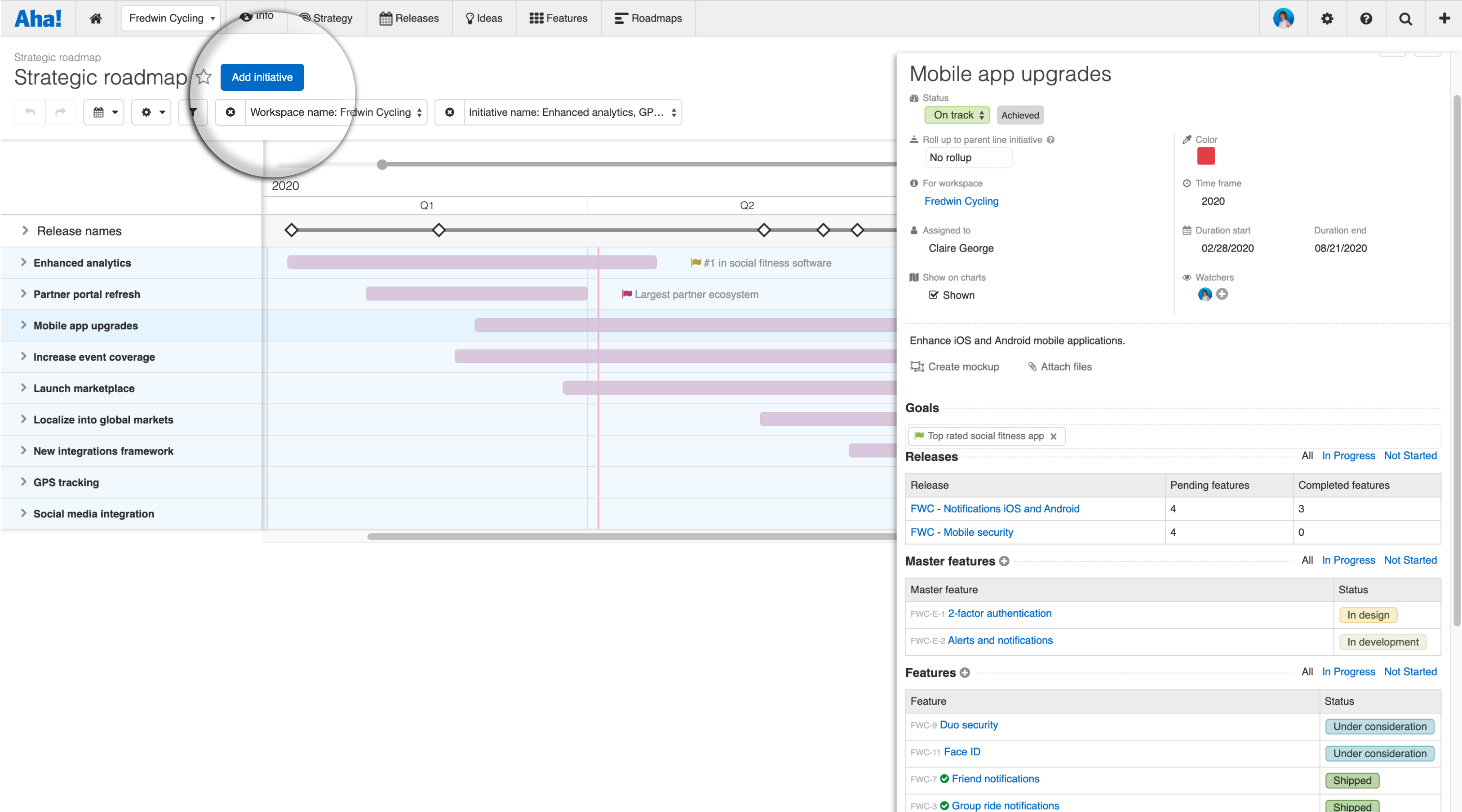 Strategy roadmap with initiative details drawer open.