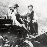Inspection run on "Black Maria," Motor Car No. 1., designed for local service in Blithedale Canyon & made from a Thomas Flyer auto. Bill Thomas at right. Crookedest Railroad p. 47. <span>© Mrs. Ada Brown </span>