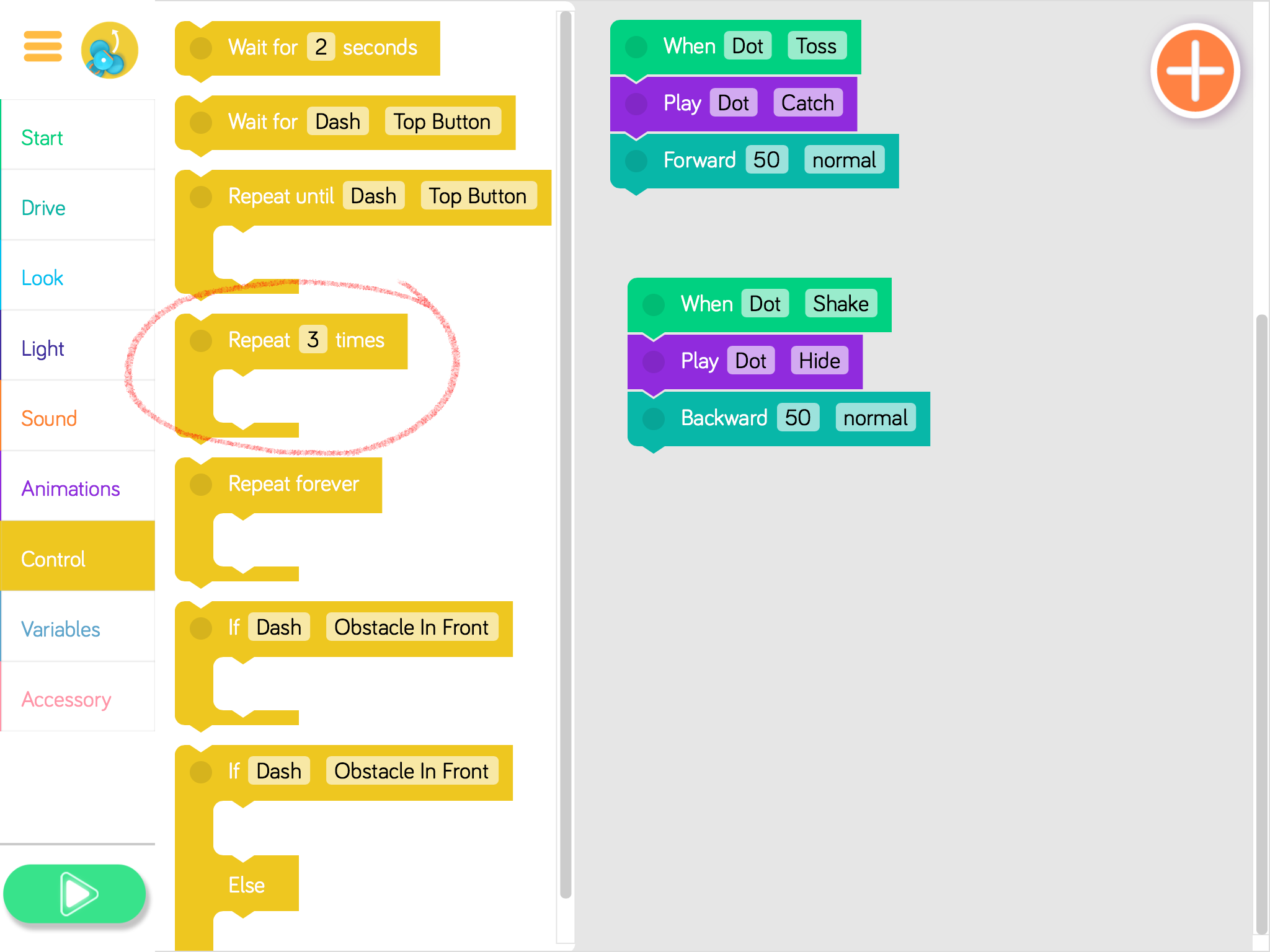 Art Notes: Screenshot of Control menu open highlighting the Repeat block