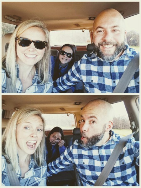 Car selfies on the way to get our tree